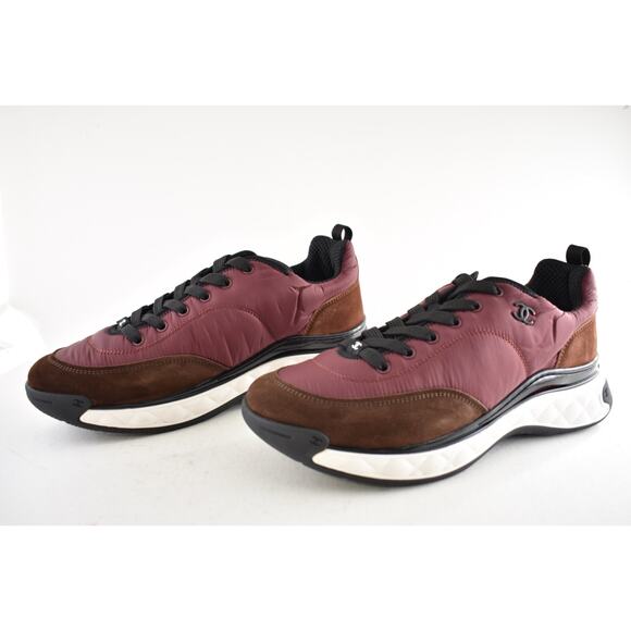 Chanel 21A Mens Burgundy Brown Black White CC Logo Low Top Trainer Sneaker 44 11 - Picture 7 of 9